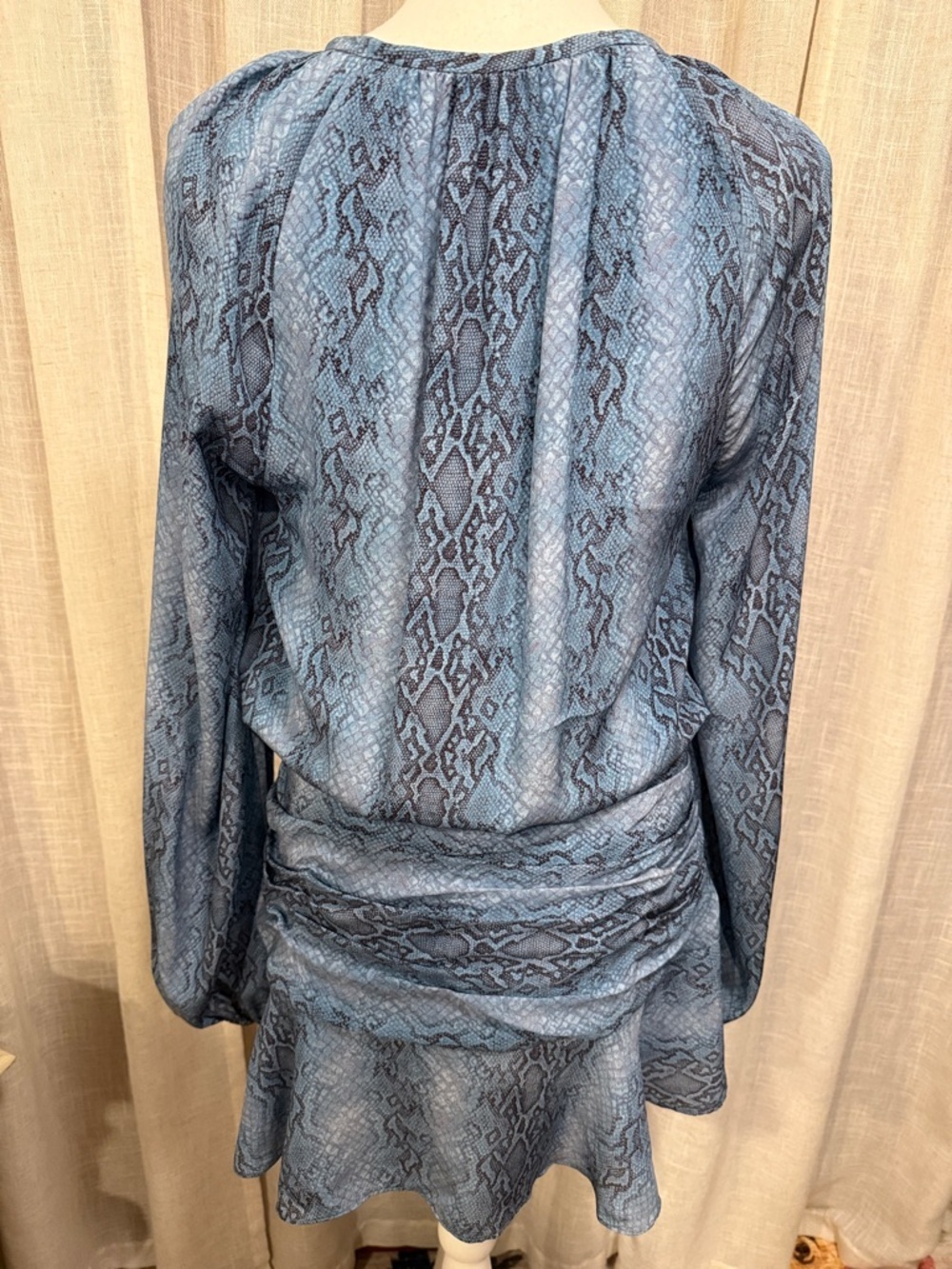 Ramy Brook Silk Snake Print Mini Dress Blue Gray Long Sleeve Ruched Waist - Picture 6 of 16